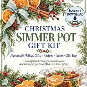 May include: A Christmas Simmer Pot Gift Kit digital graphic featuring text, a light blue ribbon, dried orange slices, cinnamon sticks, star anise, red berries, and evergreen sprigs. A glass pot filled with simmer ingredients is shown at the bottom.