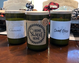 Set of 3 candles -Sweet Grass-Chamomile -Christmas At The Cabin- Soy Wax- gift-wine bottle candle