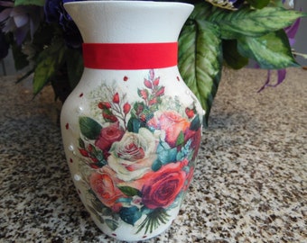 Multicolor roses - Decoupaged vase, decorated and hand painted vase