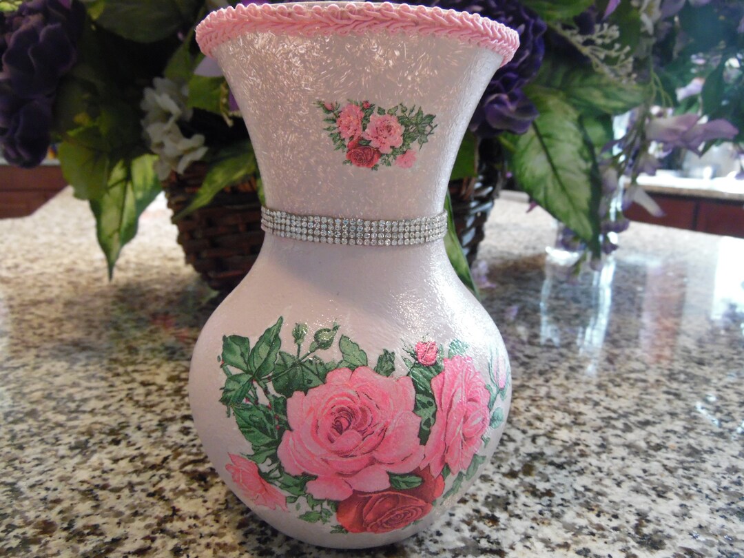 Roses on Decoupaged Pink Vase, Hand Painted and Decorated Vase - Etsy