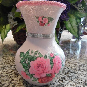 Roses on decoupaged pink vase, hand painted and decorated vase
