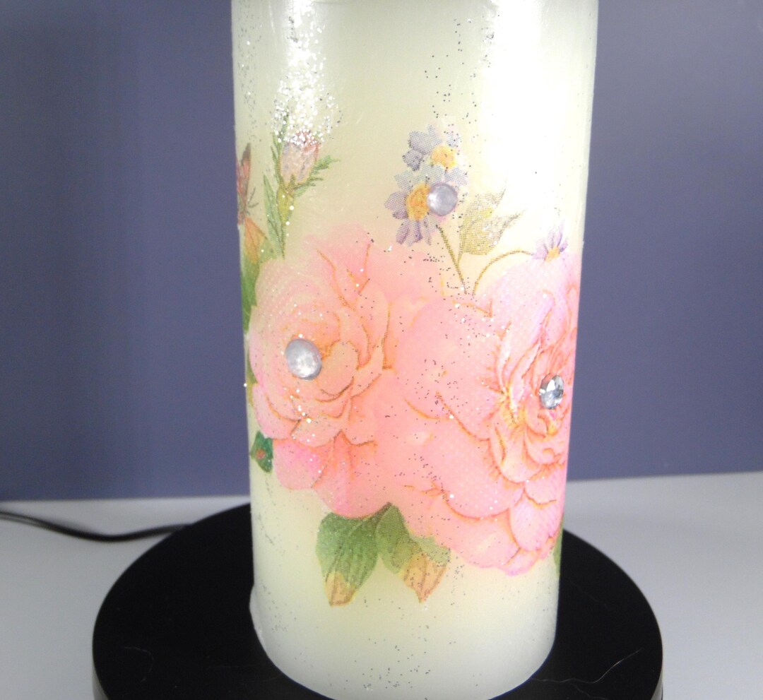 Pillar Candle : 6 In, Decoupaged With Pink Roses and Stones - Etsy