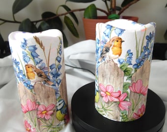 2 decoupaged backyard Candles  - 5" and 6"