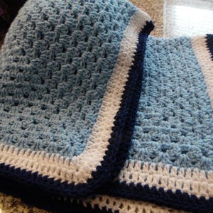 Blue crochet baby blanket with white border, and navy trim afghan, shower gift, carriage blanket, crib blanket