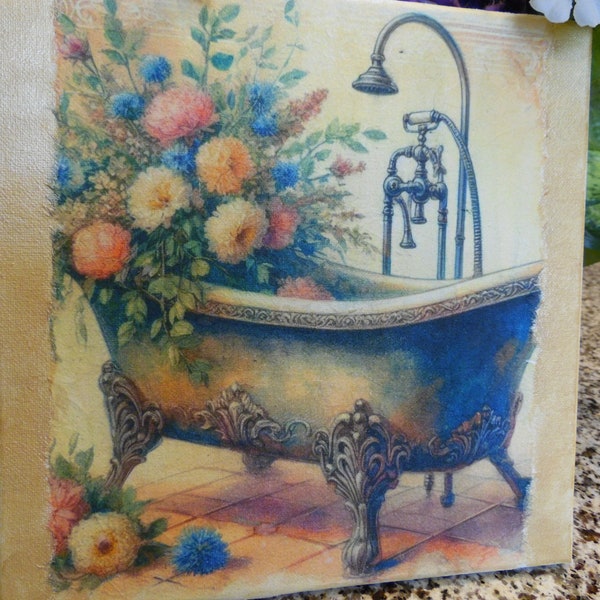Canvas of antique bathtub filled with flowers-bathroom picture