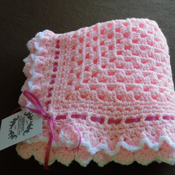 Handmade large pink crochet baby blanket, afghan, baby girl, shower gift, carriage blanket, crib blanket
