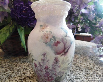 Flowers and birds decoupaged on vase, hand painted and decorated vase
