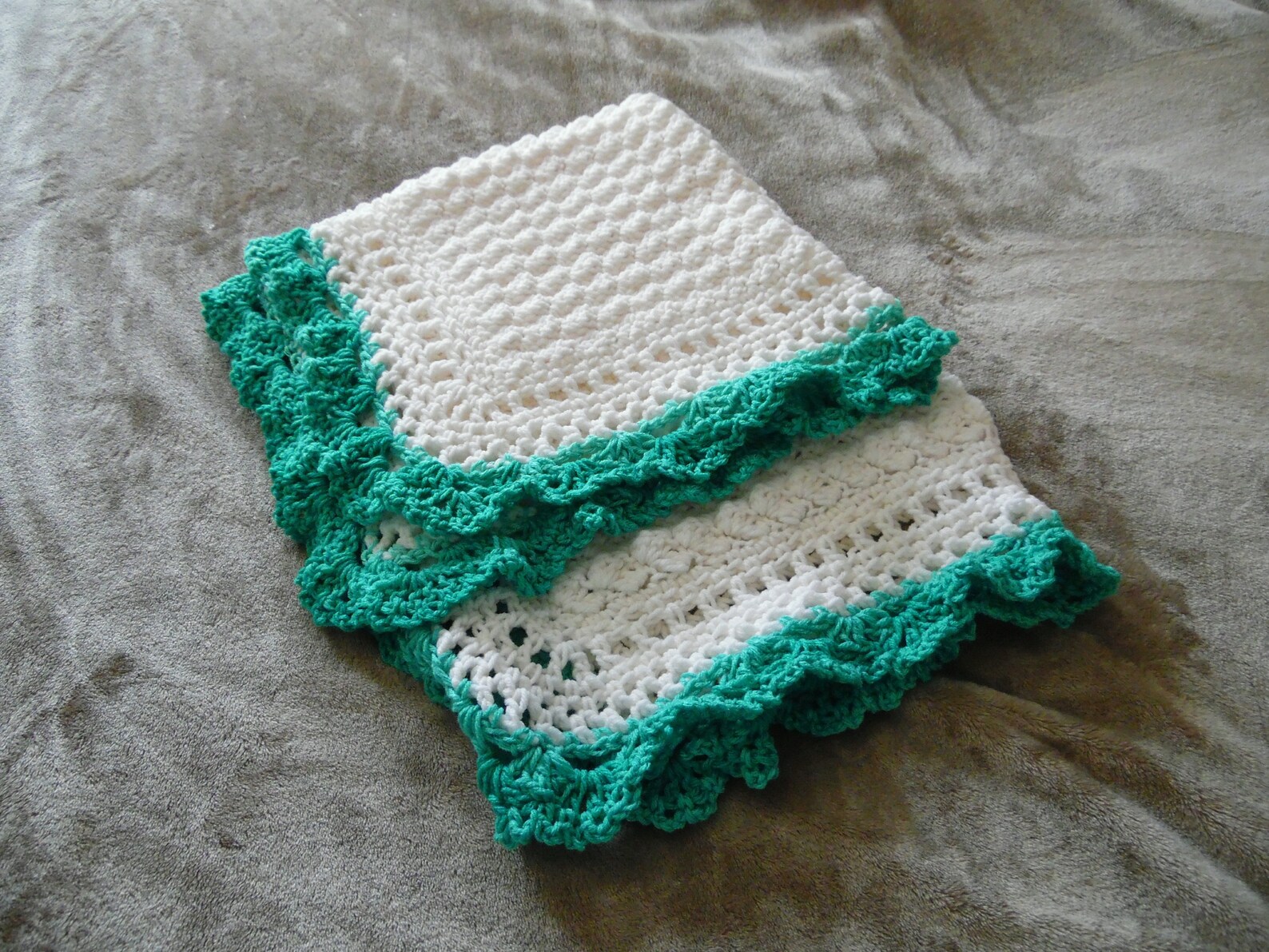 Crochet baby blanket double ruffle border white with green Etsy