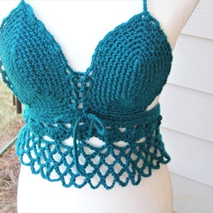 Beautiful teal crochet crop top, halter top, bralette, music festival top - teal in color