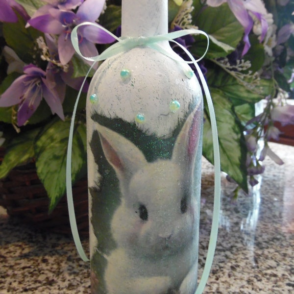 Easter bunny  on wine bottle decoupaged and decorated