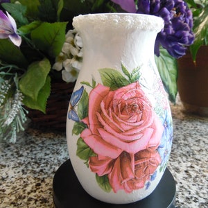 Decoupaged Rose Vase: Hand-Painted Butterfly Decor, 7in Decorative Vase