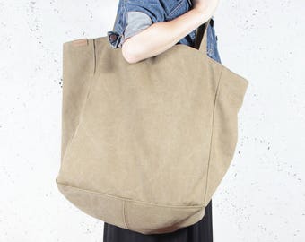 Khaki Cotton Oversized Tote Bag: Vegan Weekend Bag, Strong canvas shoulder handbag