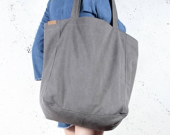 Grand sac en toile - sac week-end - sac de nuit | Tote bag vegan, fourre-tout gris