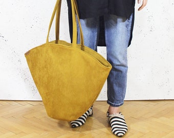 Mustard chic tote bag, Everyday unique handbag, Shoulder bag purse, Waterproof vegan suede bag, Gift for her, Basket shape purse, Handcraft