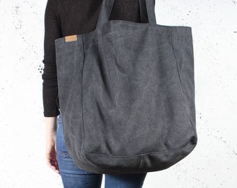 Black shoulder bag, sturdy large canvas tote bag • Gifts under 20 • Extra large beach bag, weekend bag • Vegan • zippered & internal pockets