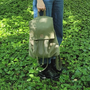 Green velvet backpack, vegan backpack with drawstrings, eco leather rucksack, handcrafted, water repellent