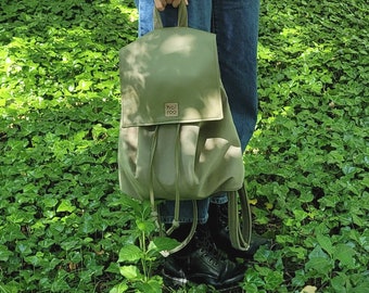 Green velvet backpack, vegan backpack with drawstrings, eco leather rucksack, handcrafted, water repellent