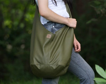 Green vegan leather bag, Hobo purse for women | Oversized, army, military green bag | Minimalist, hippie, yoga bag | Avalible in 11 colors