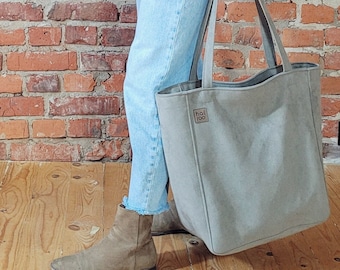 Bolso tote de gamuza vegana beige, bolso urbano impermeable de nobuk ecológico, bolso de mano.