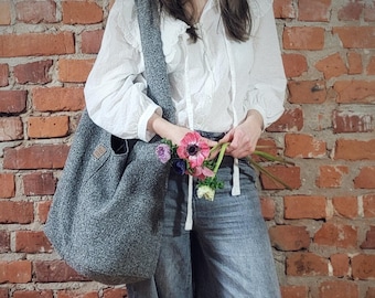 Bolso hobo de chenilla gris, bolso vegano holgado estilo bohemio