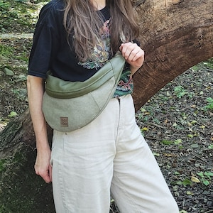 Riñonera de lona, bandolera caqui, riñonera verde, bolso vegano, riñonera, cuero ecológico, hecho a mano