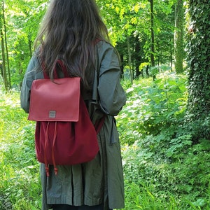 Red velvet backpack, handcrafted backpack, rucksack with lining, water repellent, city backpack, gift for girl image 1