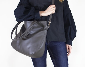 Grey Vegan Leather Messenger Bag,  Women's Crossbody Carry-On, Everyday Tote