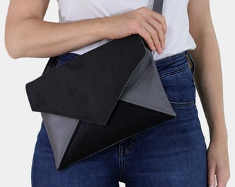 Clutch Tasche Umschlag dunkelgrau schwarz vegane Ledertasche Kunstleder Kunstleder Handtasche Tragetasche Tasche Reißverschluss Hochzeit Brautjungfer