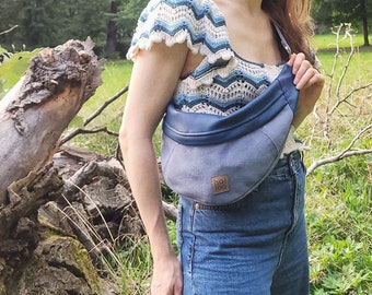 Riñonera de lona azul, bolso de cadera estilo boho, cuero vegano, riñonera, bolso bandolera, bolso dumpling