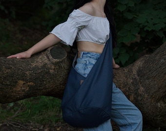 XXL blue hobo bag. Large shoulder | crossbody handbag. Durable vegan leather bag, custom strap length.