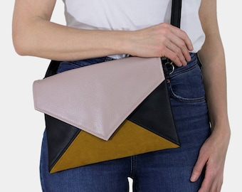 Clutch bag envelope black pink yellow vegan leather bag faux leather suede purse handbag strap pocket zipped wedding bridesmaid evening gift