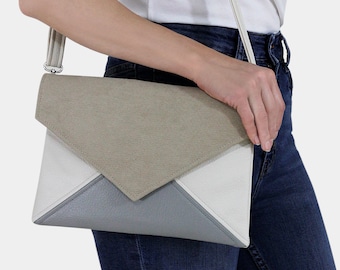 Clutch bag beige, ivory, gray | vegan leather, nubuck, suede | purse, handbag with adjustable strap | Wedding, bridesmaid, evening