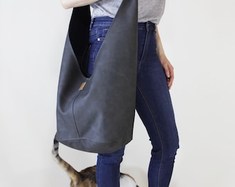 Bolso hobo de piel vegana color grafito: bolso bandolera bohemio grande