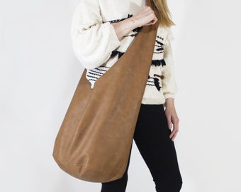 Cognac bruine hobo tas, veganistische leren tas, gember slouchy boho tas, boho tas, hippie crossbody tas, vintage stijl