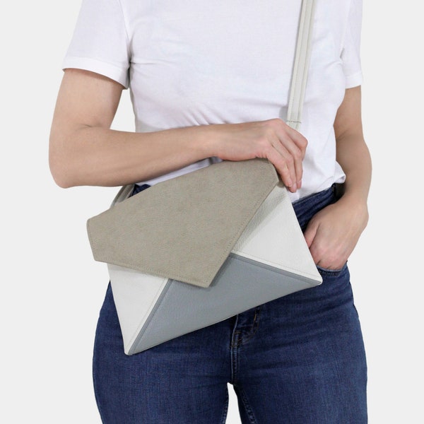 Vegan clutch bag, envelope purse | beige, ecru, grey | Bridesmaid, bride clutch, for wedding small handbag with adjustable, detachable strap