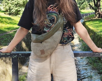 Canvas Fanny pack, khaki sling bag, green fanny pack, vegan bag, bum bag, eco leather, handcrafted