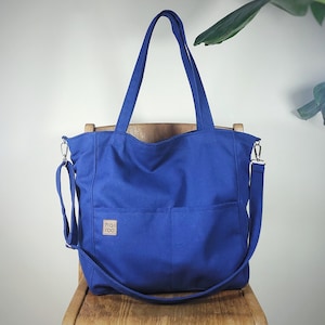 Kornblumenblaue Canvas Handtasche, Tote mit Tasche, übergroße Tasche, dicke Baumwolltasche, Alltagstasche, Handgepäck, verstellbarer Riemen, Ökotasche