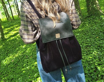 Urban velvet backpack, backpack for trip, hippie rucksack, black vegan backpack, water repellent, for her