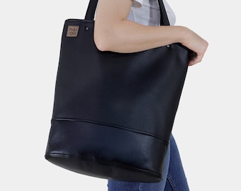 Shopper bag - Tote bag | Zwarte vegan leren draagtas met rits