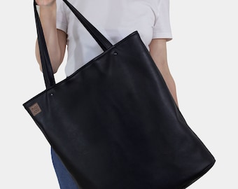 Bolso grande negro de todos los días - Bolso del comprador, bolso de hombro • Bolso de mano de gran tamaño • Bolso de cuero vegano • Bolso de piel sintética de calidad