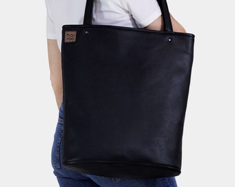 Vegan Leather Work Tote Bag, Zippered Shopper with Pockets, Simple Black Handbag