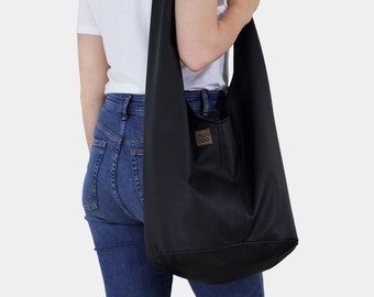 Schwarze Hobo Tasche, Boho Style • Geschenk für Sie • Vegane Ledertasche, vegane Geldbörse • Crossbody Hobo Tasche, Alltag, Slouch Tasche, Hippie Tasche