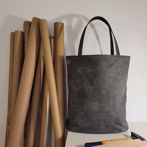 Large dark grey everyday tote, Carry on big bag, Vintage style shoulder bag, gift for vegan women, weekender bag, high quality faux leather