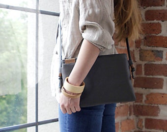 Small vegan leather crossbody bag, casual simple shoulder purse, light weight bag with zipper, Grey phone purse, Gift for her, Wood details