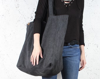 Large canvas tote bag with zipper, pockets, vegan work bag | Gifts for her | Weekender bag, aesthetic large shoulder bag women, men, unisex