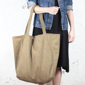 Large Canvas tote bag, zippered handbag, khaki oversized bag
