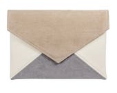 Clutch bag envelope beige gray ivory vegan leather bag faux leather suede purse handbag strap pocket zipped wedding bridesmaid evening gift