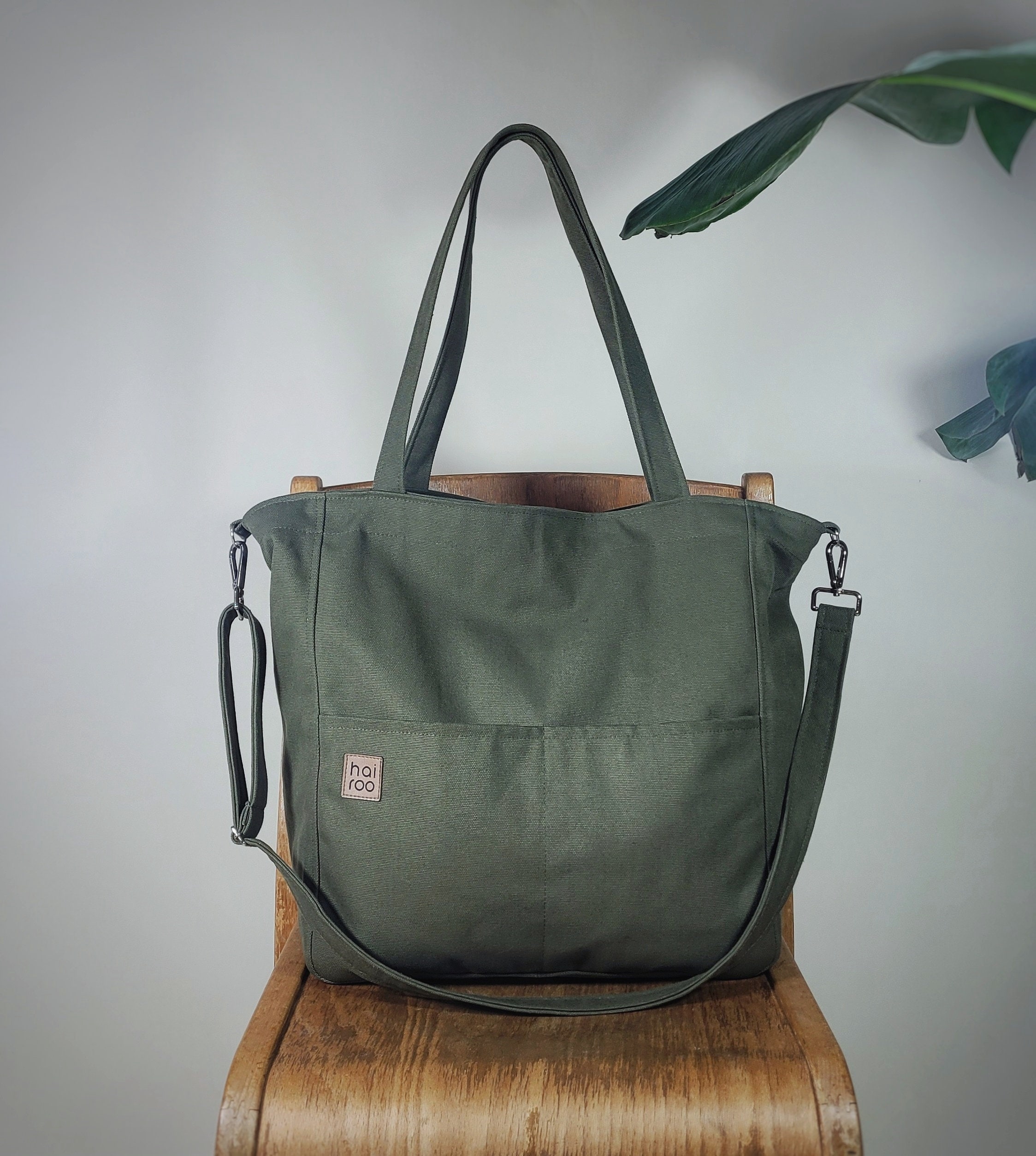 ★TOUT Y EST★ Hardy shoulder bag 6 canvas deep green ivory Army Green Canvas Handbag With Pocket, Oversized Tote, Thick