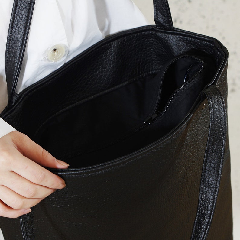 Large black tote bag, vegan leather shopper, everyday handbag, women purse, gift for her image 10