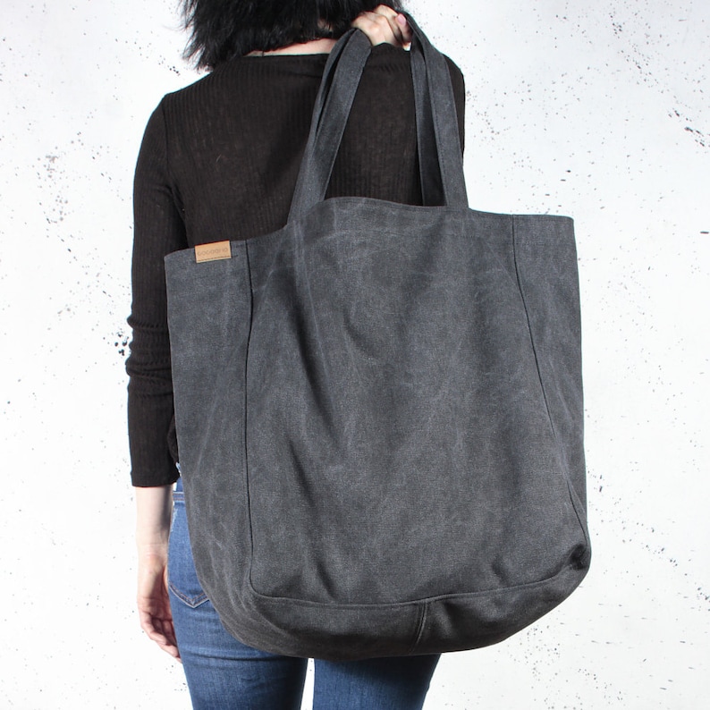 Large Canvas Tote Bag With Zipper Pockets Vegan Work Bag Etsy